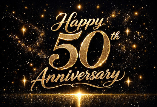 Golden sparkling happy fiftieth anniversary celebration design with elegant typography and stars