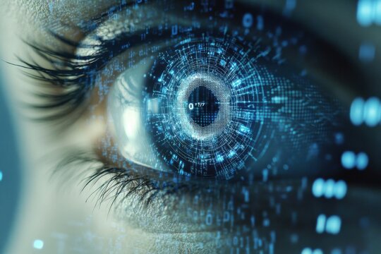 Close-up of a human eye transformed into a futuristic biometric interface, featuring an illuminated iris scan and digital identification markers