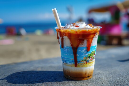 Chilled coffee topped with creamy caramel foam cascading down the side of a clear glass cup