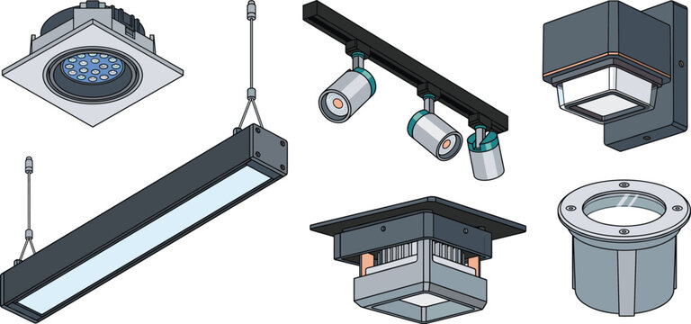 Modern Indoor and Outdoor Architectural LED Lighting Fixtures Collection in Isometric Vector Illustration