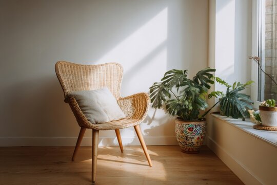 Warm interior corner featuring a simple wooden chair surrounded by lush green houseplants and natural textures