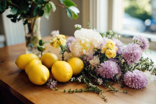 Delicate floral centerpiece paired with fresh lemons and pastel-colored sweets for a cheerful spring-inspired display