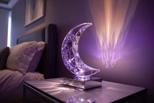 Glowing crescent moon lamp crafted from faceted crystal, casting delicate reflections across a chrome nightstand