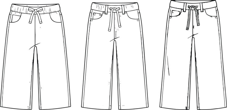 Kids wide leg pants technical flat sketch icon set vector line art drawstring trousers fashion design illustration template