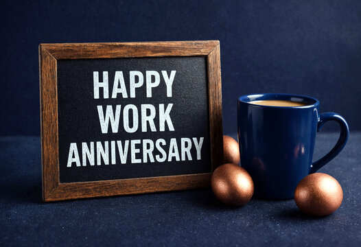 Happy work anniversary celebration with chalkboard sign coffee mug and golden eggs on table