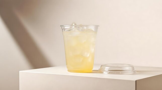 Refreshing cold lemonade in a clear plastic cup with ice and a straw.
