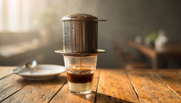 Traditional Vietnamese drip coffee maker brewing hot coffee over condensed milk in a glass cup on wooden table