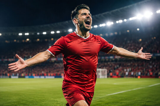 Excited professional soccer player in red jersey celebrating a goal victory with arms outstretched in a crowded stadium at night under bright arena lights.