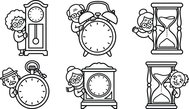 Black and white children peeking around clocks and hourglasses in playful line art