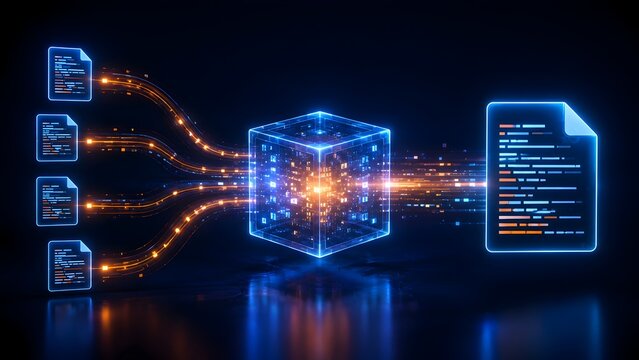 Neural network algorithm inside a digital tesseract compiling multiple electronic documents into a unified output