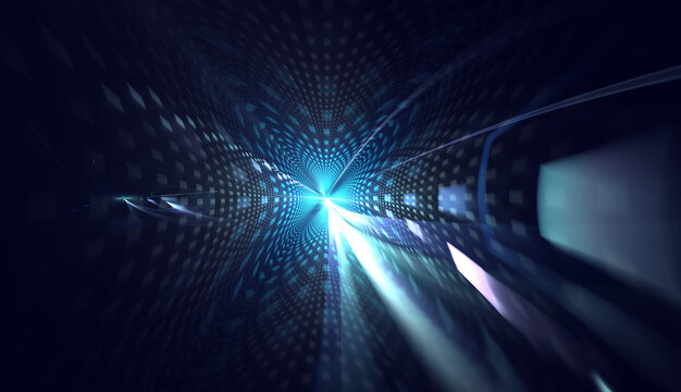 hyper-realistic digital tunnel visualization featuring glowing blue light beams, futuristic data transmission, high-speed internet connectivity,  technology, network, process power, cybersecurity