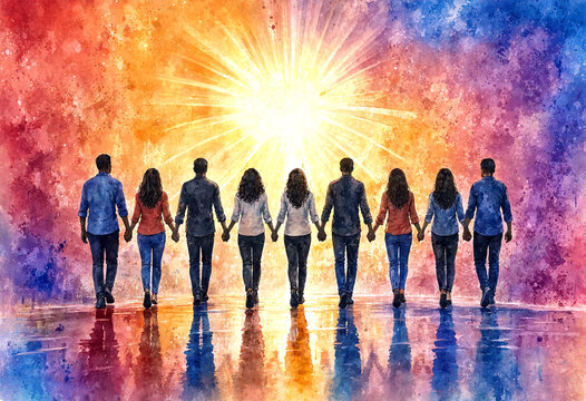 Inspiring watercolor painting of united people holding hands walking toward bright light together symbolizing hope