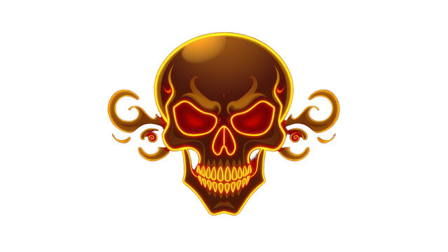 Neon glowing skull illustration with tribal accents on black backgroun