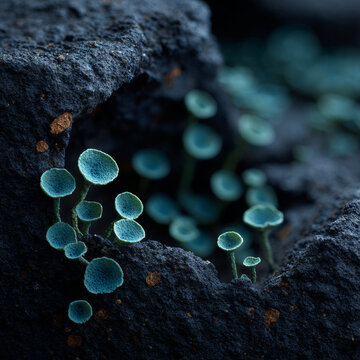 Cyan pixie cup lichen grows on dark volcanic rock in a macro close up shot.