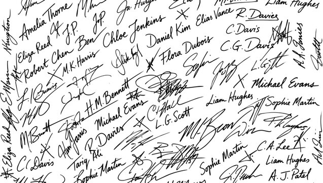 Handwritten signatures background set with various handwritten names and autographs seamless texture linear vector illustration