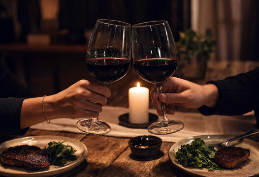 Romantic dinner setting with two people toasting red wine over candlelight and steak