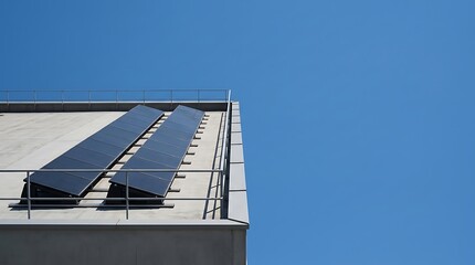 Fototapeta premium Modern Solar Panels Installed on a Flat Building Roof Under Clear Blue Sky for Renewable Energy