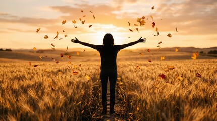 Fototapeta premium Silhouette of happy woman standing in golden wheat field at sunset, throwing autumn leaves in air, arms wide open embracing nature, freedom and joy, beautiful fall season landscape