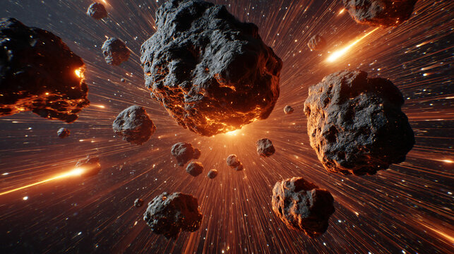 High speed asteroid field flying through deep space. Cosmic explosion with light streaks and rocky meteoroids. Science fiction background