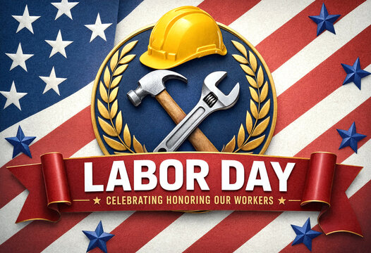 Vibrant labor day celebration poster with tools and american flag background honoring workers worldwide