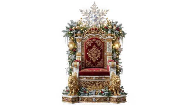 Ornate Christmas throne, royal winter seat with gold lion statues, festive holiday armchair
