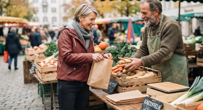Senior woman buying fresh vegetables from local farmer at outdoor market.
