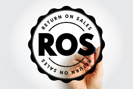 ROS Return on Sales stamp visual featuring a hand using a marker to outline the circular badge, emphasizing profitability, business ratio, and performance metric