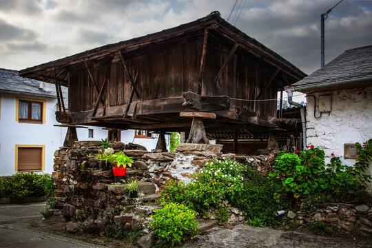Traditional Wooden Granary in Rural Village in Asturias, called Horreo. Spain