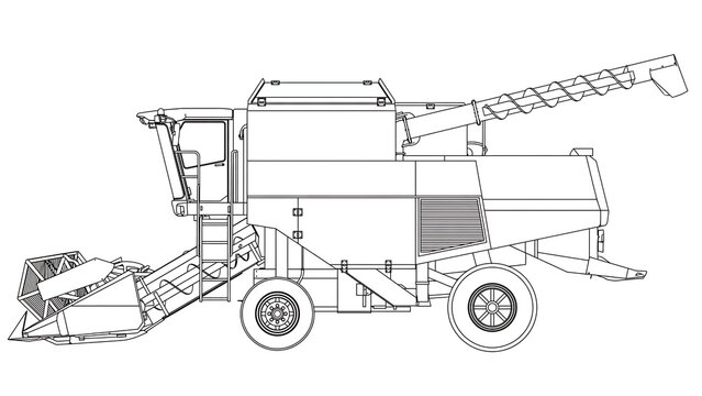 Line art combine harvester illustration white background.