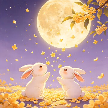 Two white cartoon rabbits facing each other with paws up in a flower