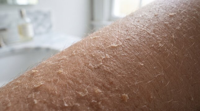 Closeup of dry skin with flaking texture on human leg