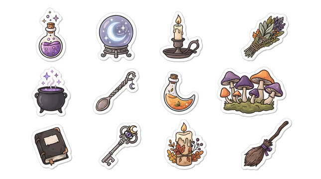 Witchcraft and magic themed sticker set featuring potions, crystal balls, candles, dried herbs, cauldrons, spell books, and keys on white background