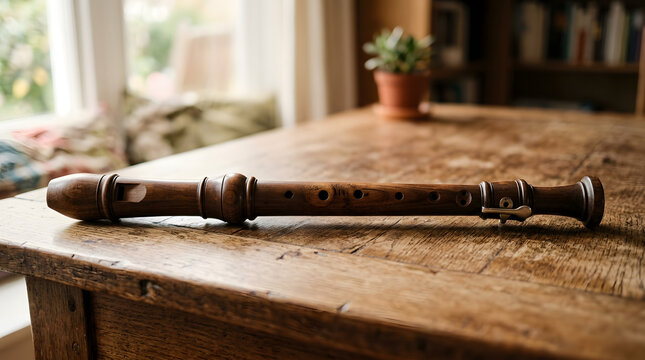 Wooden recorder musical instrument resting on an old wooden table in a brightly lit room with a window view