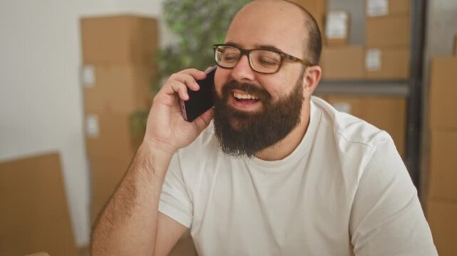 Man holding smartphone to ear amid stacked packages and cardboard boxes in a packing building; cheerful entrepreneur.