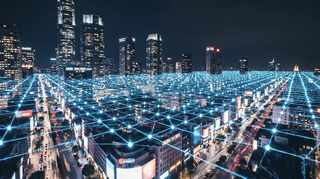Cityscape at night with illuminated buildings and vector lines