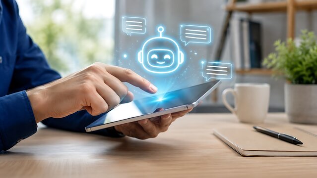 Professional Using AI Chatbot on Tablet for Digital Workflow