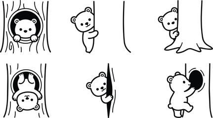 Cute bear cubs playing around tree trunks in playful black and white line art © Royal Ability