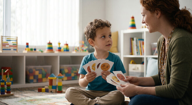 Child psychologist showing emotion cards to a young boy during a therapy session in a playroom
