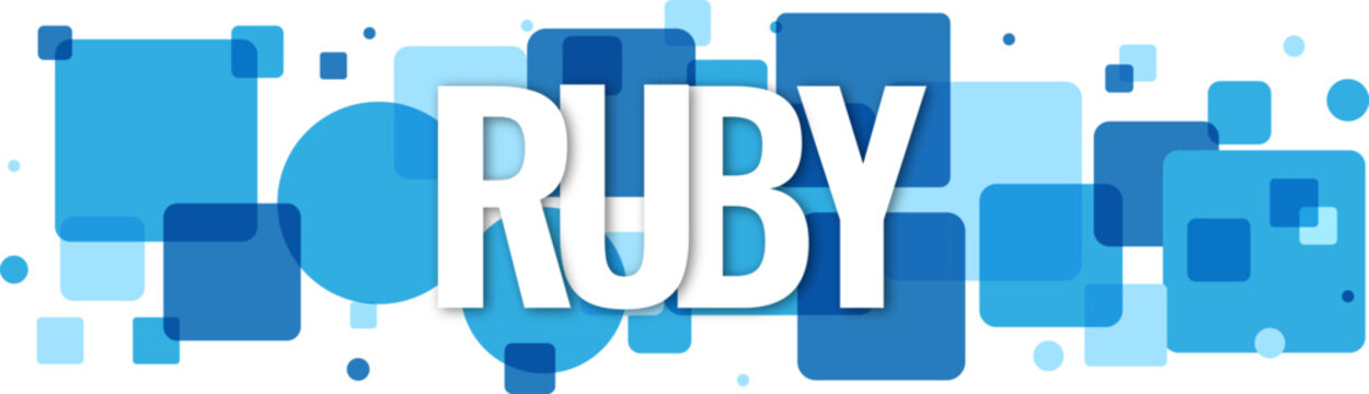 Clean minimalist ruby text graphic overlaying a modern composition of stacked blue squares and circles