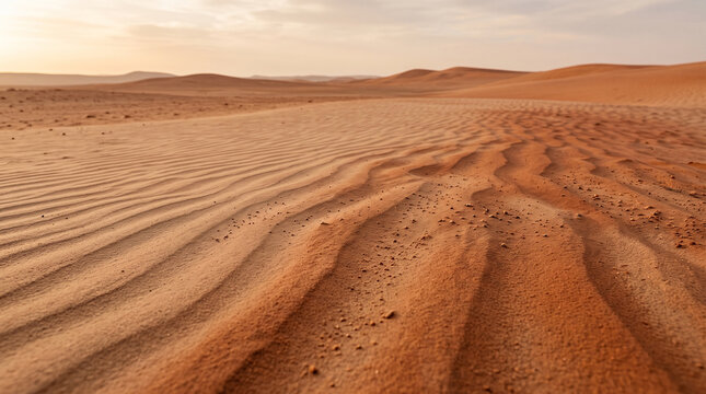 Natural clay desert sand texture. Rippled dunes landscape with warm sunset light.