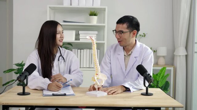 Asian female doctor pointing at a spine model explaining orthopedics to a male doctor during a medical podcast interview. Recording a healthcare audio broadcast in a modern clinic studio.