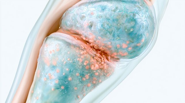 Rheumatoid arthritis with synovial inflammation and autoimmune cells in a joint cross-section on a white background.