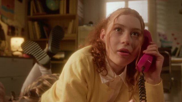 Caucasian teenager girl lying on bed, blowing bubble gum and talking on retro pink telephone. Footage is perfect for nostalgia marketing and youth lifestyle commercial campaigns