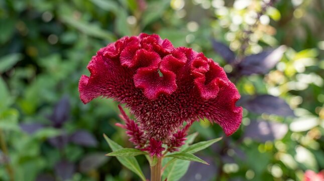 Vibrant Crimson Cockscomb Blossom Photographed in Sharp Macro Detail Outdoors  flower celosia cockscomb bloom blossom plant botanical macro close up detail garden nature outdoor red