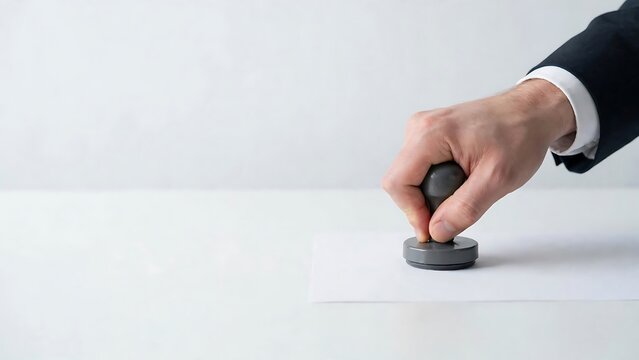 Businessman hand using a rubber stamp on a white document for official approval