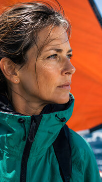 Woman sailor in a teal waterproof jacket watches the course beside an orange sail during a yacht regatta at sea.
