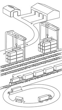 Isometric train station layout white background.