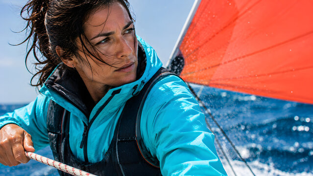Woman sailor pulls a control line to trim an orange sail during fast-paced yacht racing on the open ocean.
