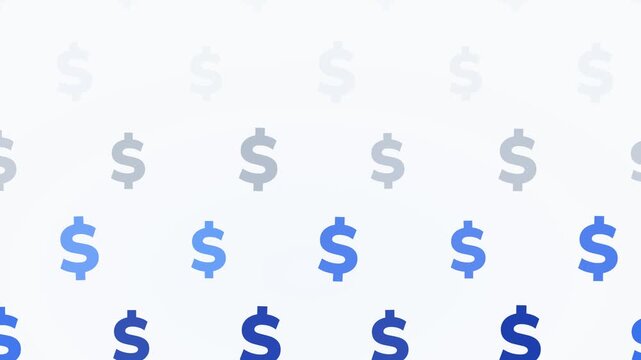 A repeating pattern of US dollar signs arranged in rows, transitioning in color from light grey at the top to dark blue at the bottom.