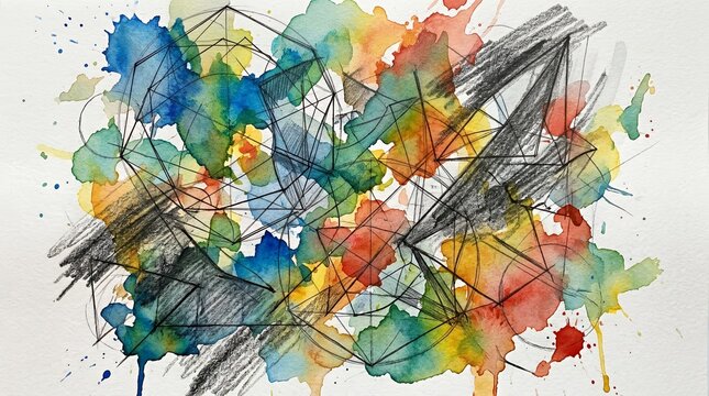 Multi layered artistic composition combining geometric sketches textured graphite lines and colorful watercolor splashes  abstract background backdrop artistic art collage geometric shape